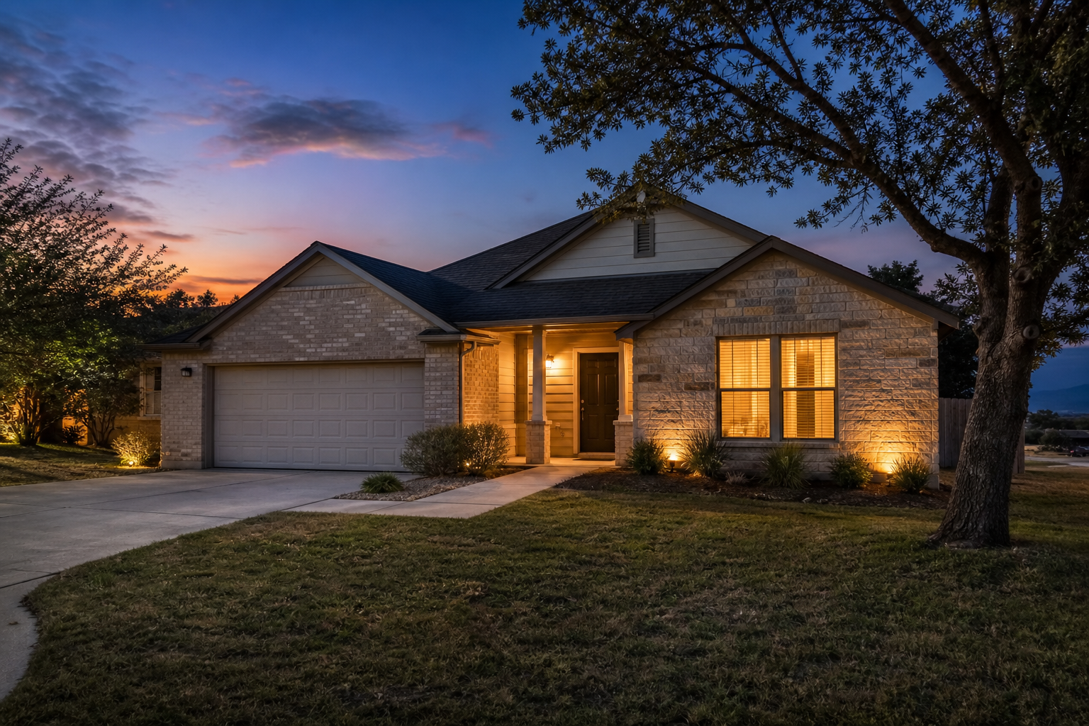 A house at dusk with its windows lit from inside in Killeen, TX — Former Rental in Belton