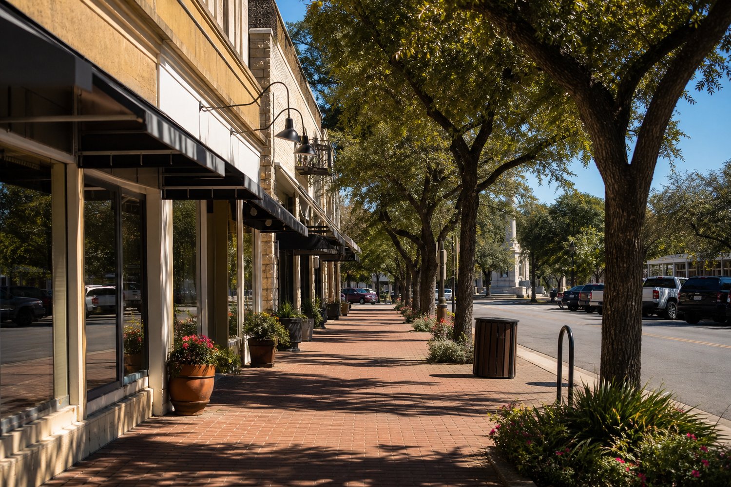 A local main street with its shopfronts in Georgetown, TX — Georgetown's Growing Hub